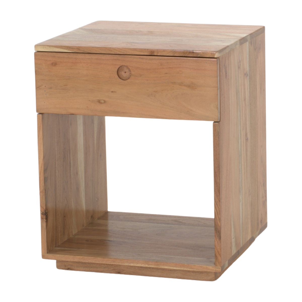 Mesita de noche de madera Noctis, de estilo Contemporáneo. Fabricada en madera de acacia natural con un cajón y una balda.