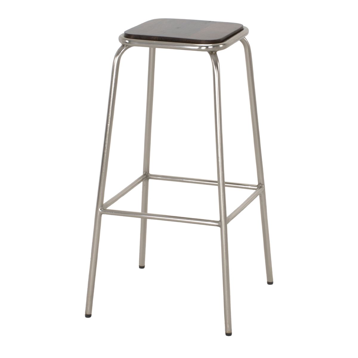 Taburete alto de metal y madera Skala, de estilo Industrial. Estructura tubular de metal con acabado cromado. Asiento de madera envejecida.