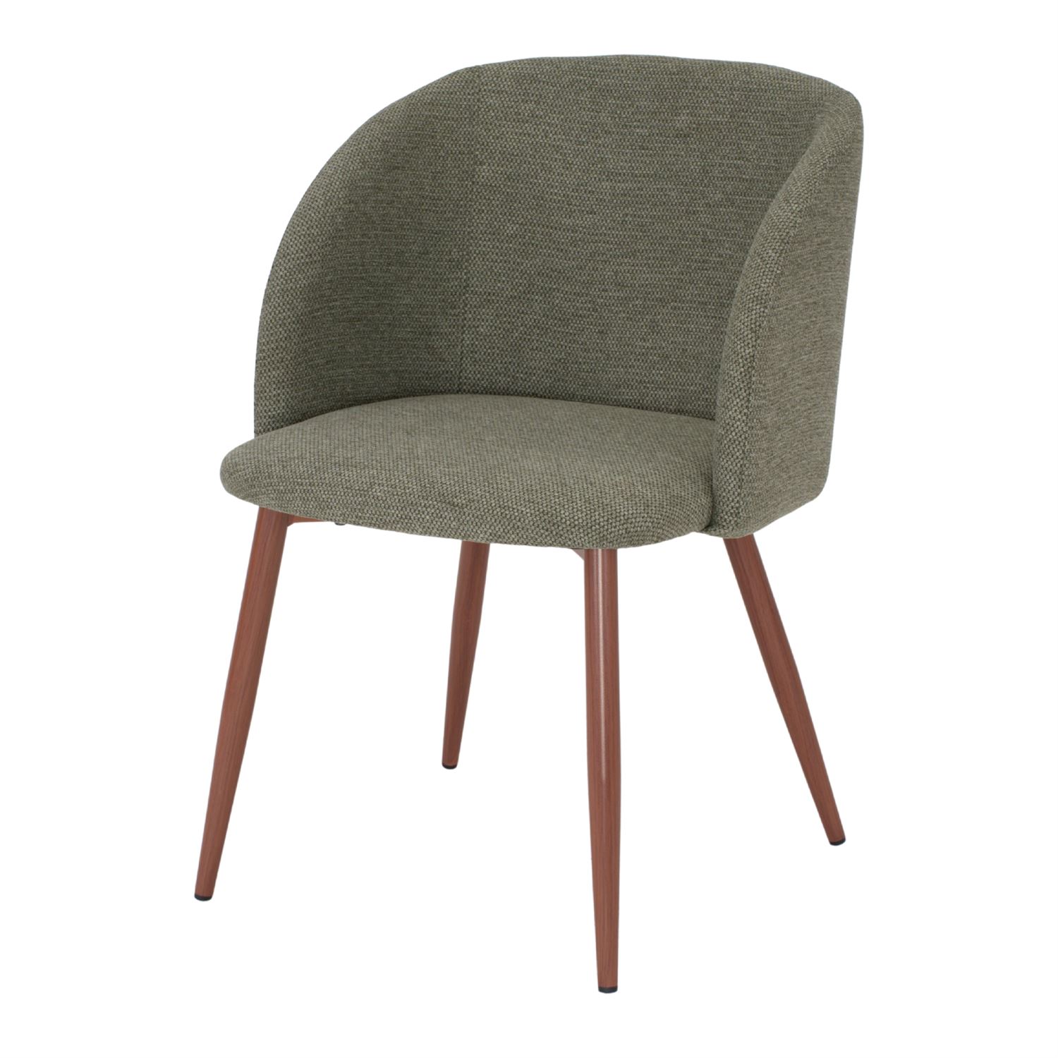 Silla tapizada Olimpic, de estilo Contemporáneo. Estructura de acero con patas de aguja y acabado en imitación madera. Asiento y respaldo tapizados en textil. verde