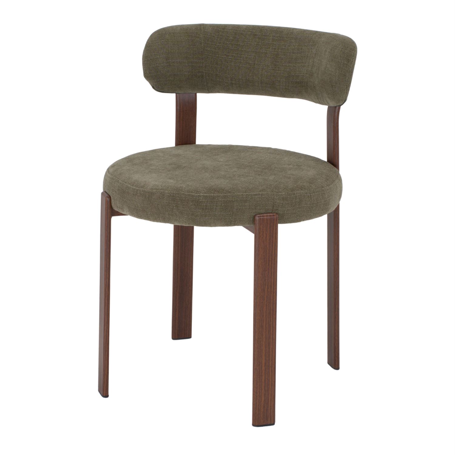 Silla tapizada Nobu, de estilo Contemporáneo. Estructura de acero con cabado en imitación madera. Asiento y respaldo tapizados en textil. Verde