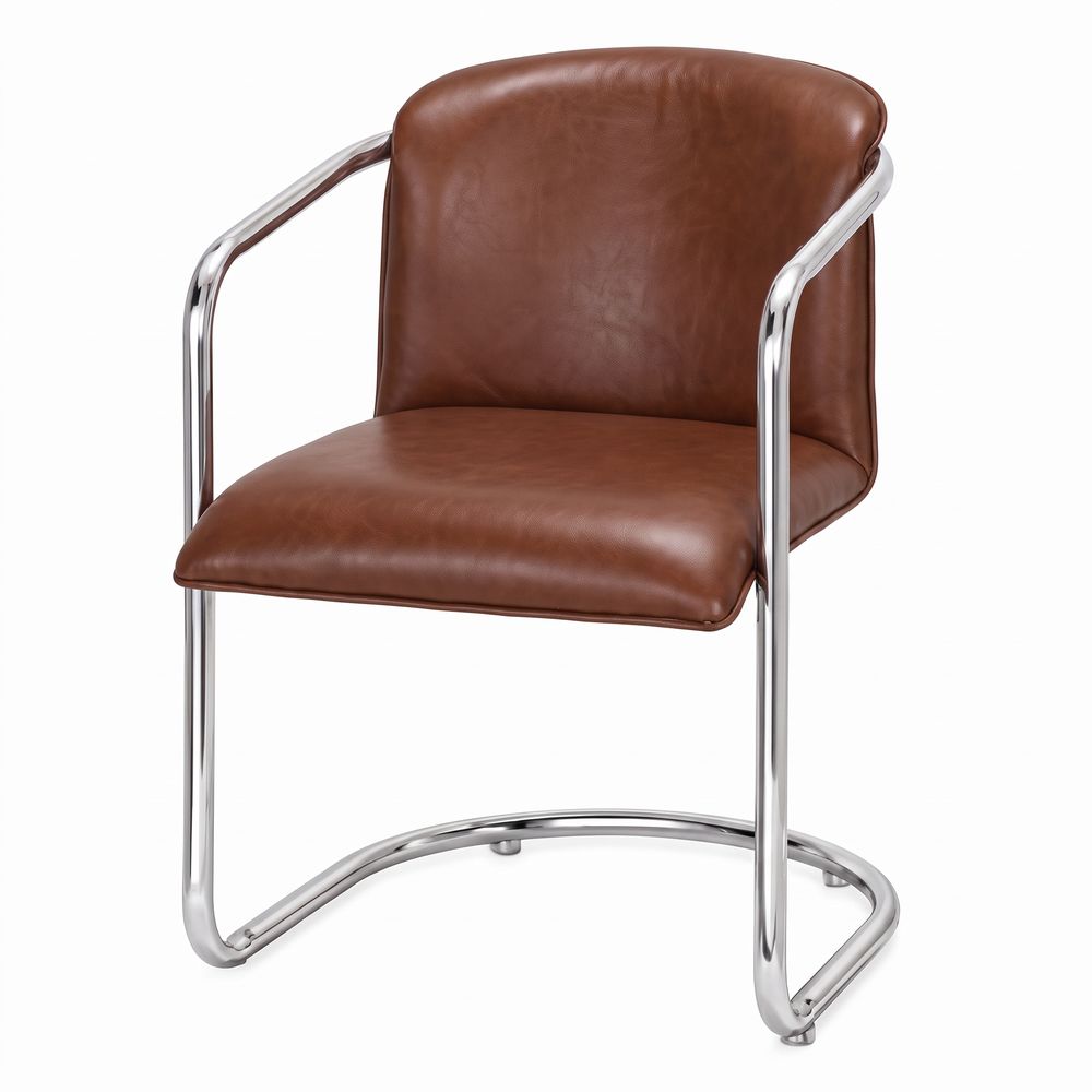 Silla tapizada Basilea, de estilo Industrial. Estructura de acero con acabado en cromo. Asiento tapizado en textil imitación piel.